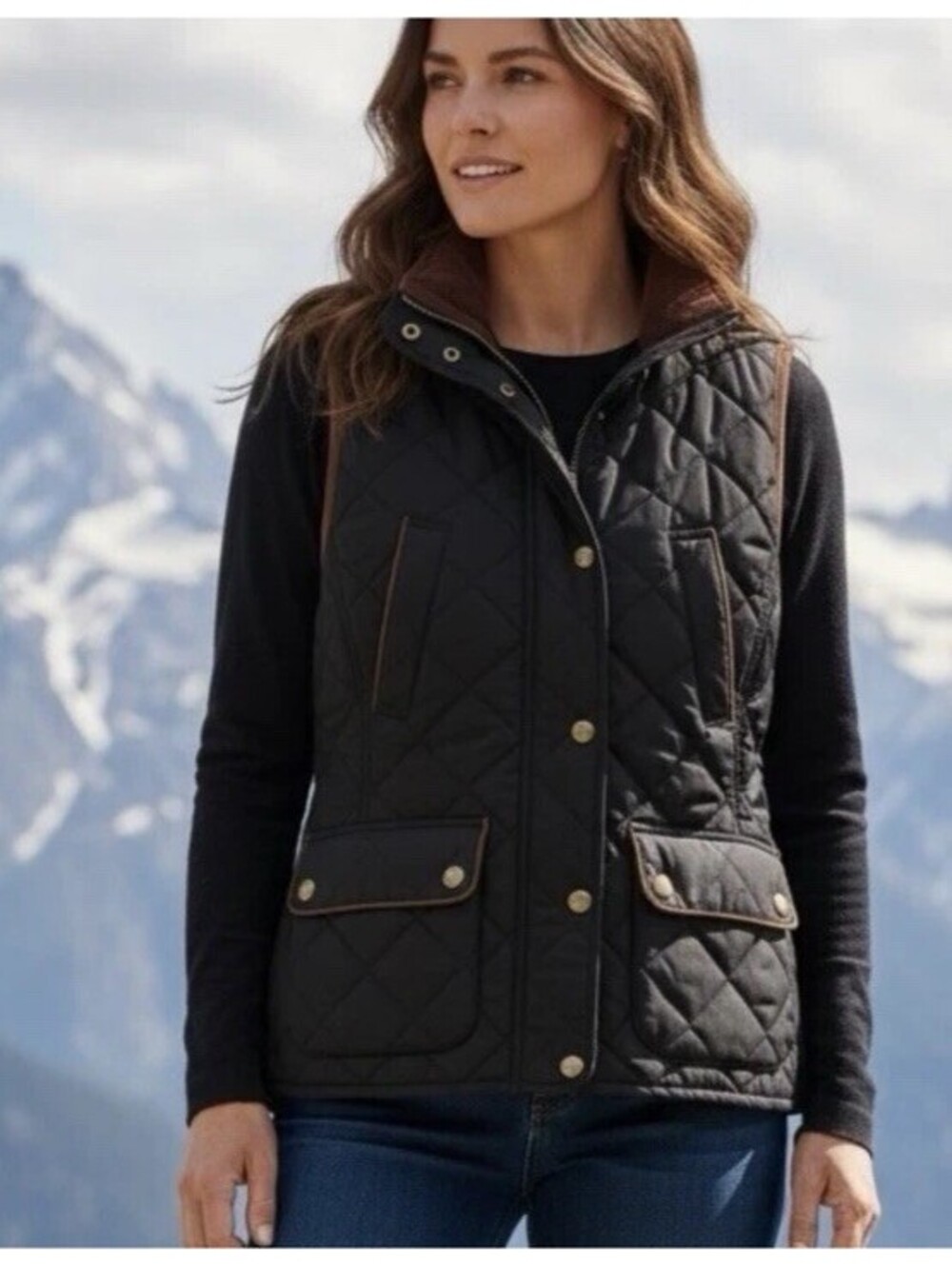 Ralph Lauren Quilted Riding Vest M Black Riding Brown Corduroy Collar Equestrian